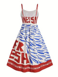 Ocean fish resort slip flared dress: Red / L
