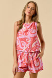 ILS4569-1 Print Sleeveless Top with Matching Shorts Set: CORAL-LAVENDER / M