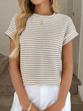 Striped Short Sleeve Knit Top: Beige / XL