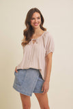 LIGHTWEIGHT STRIPE FLARE PEASANT BLOUSE WITH PUFF SLEEVES: SKY BLUE / S