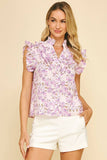 FLORAL RUFFLE DETAILED BLOUSE TOP - 6212T: Blue / M