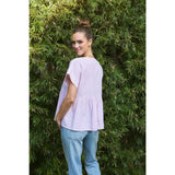 DROP SHOULDER SPLIT NECK STRIPE PEPLUM TOP: CORAL / S