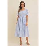 EMBROIDERED GINGHAM MIDI DRESS WITH PUFF SLEEVES: POWDER BLUE / L