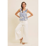 ROMANTIC EMBROIDERY BLOUSE TOP WITH BOW STRAPS: DUSTY BLUE / M