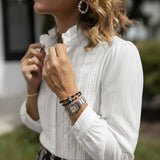Lace Trim Button-Front Long Sleeve Blouse: White / S