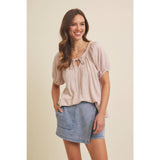 LIGHTWEIGHT STRIPE FLARE PEASANT BLOUSE WITH PUFF SLEEVES: SKY BLUE / S
