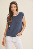 CONTRAST ROLLED EDGE KNITTED SWEATER VEST WITH ROUND NECK: NILE BLUE / S