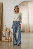 Washed Denim Pants with Faux Suede Side Line Detail and Wais: Denim / L