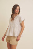 DROP SHOULDER SPLIT NECK STRIPE PEPLUM TOP: CORAL / M
