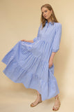 Striped Poplin Collared ¾ Sleeve Tiered Button Up Maxi Dress: Lt. Blue Stripes / XS