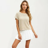 Short Sleeve Textured Knit Top with Crew Neck Ribbed Trim and Relaxed Fit: Light Beige / Small 4-6