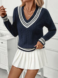 V-Neck Cable Knit Sweater with Contrast Stripes: Navy / L