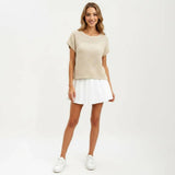 Short Sleeve Textured Knit Top with Crew Neck Ribbed Trim and Relaxed Fit: Light Beige / Small 4-6