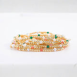 3mm Beaded Stretch Bracelet with Pearls and Crystals: Pink/Coral/Greens
