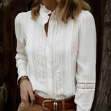 Lace Trim Button-Front Long Sleeve Blouse: White / XL