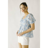 JT6166- TOILE FLORAL PRINT BABY DOLL TOP: WHITE BLUE FLORAL / L