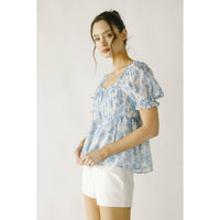 JT6166- TOILE FLORAL PRINT BABY DOLL TOP: WHITE BLUE FLORAL / S