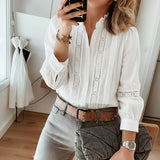 Lace Trim Button-Front Long Sleeve Blouse: White / L