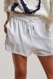 Linen Blend Elastic Waist Drawstring Shorts: White / S-M-L:2-2-2