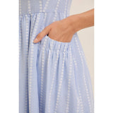 EMBROIDERED GINGHAM MIDI DRESS WITH PUFF SLEEVES: POWDER BLUE / M