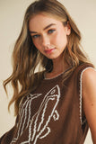 IT4194 FISH PRINTED SLEEVELESS SWEATER TOP: CREAM/BLUE / S