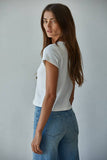 L8746 | Knit Cotton Round Neck Short Sleeve Crop Top: Off White / M