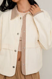 SHACKET WITH GINGHAM CONTRAST DETAILING: CREAM-BROWN GINGHAM / XS