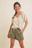 LIGHTWEIGHT STRIPE FLARE PEASANT BLOUSE WITH PUFF SLEEVES: SKY BLUE / M