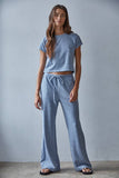 L8945T | Knit Polyester Cotton Striped Short Sleeve Top: Grey Blue / S