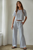 RJ3502T | Knit Cotton Polyester Rayon Striped Crop Top : Blue White / M