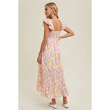 FLORAL RUFFLED MIDI DRESS / WL24-9542: PUNCH COMBO / S