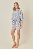 Embroidered Volume Sleeve Shirt: BLUE/CREAM / L