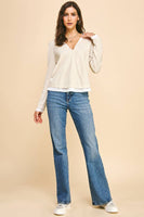 V-NECK BUTTON DOWN WOVEN COMBO TOP - 5831W: HEATHER GREY / SM