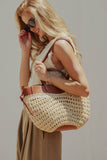 Woven Raffia & Leather Trim Double Strap Tote: Tan