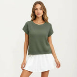 Short Sleeve Textured Knit Top with Crew Neck Ribbed Trim and Relaxed Fit: Light Beige / Small 4-6