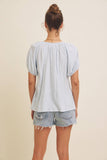 LIGHTWEIGHT STRIPE FLARE PEASANT BLOUSE WITH PUFF SLEEVES: SKY BLUE / M