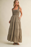 STRIPED SMOCKED-BODICE TIERED DRESS: DENIM / S