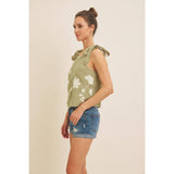 ROMANTIC EMBROIDERY BLOUSE TOP WITH BOW STRAPS: DUSTY BLUE / S