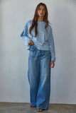 L8797T | Knit Cotton Striped Mock Neck Long Sleeve : Navy White / M