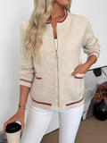 Zip-Front Knit Cardigan with Contrast Trim: Beige / S