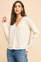 V-NECK BUTTON DOWN WOVEN COMBO TOP - 5831W: HEATHER GREY / SM