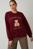 CREW NECK LONG SLEEVE "COFFEE TIME" GRAPHIC SWEATSHIRT: CREAM / S
