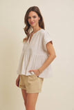 DROP SHOULDER SPLIT NECK STRIPE PEPLUM TOP: CORAL / L