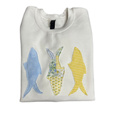 Colorful Patchwork Fish Sewn on a White Gildan Crewneck: L