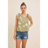 ROMANTIC EMBROIDERY BLOUSE TOP WITH BOW STRAPS: DUSTY BLUE / S