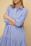 Striped Poplin Collared ¾ Sleeve Tiered Button Up Maxi Dress: Lt. Blue Stripes / M