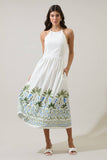 Senara Floral Triny Halter Neck Midi Dress: WHT-GRN-MUL / XS