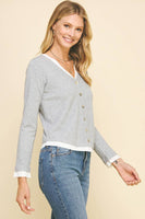 V-NECK BUTTON DOWN WOVEN COMBO TOP - 5831W: HEATHER GREY / SM