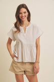 DROP SHOULDER SPLIT NECK STRIPE PEPLUM TOP: CORAL / L