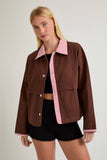 SHACKET WITH GINGHAM CONTRAST DETAILING: CREAM-BROWN GINGHAM / XS